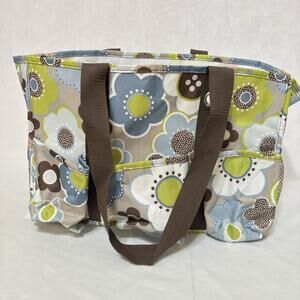 Thirty One Organizing Utility Tote Green Brown Floral 15 x 10 x 6 Pockets B